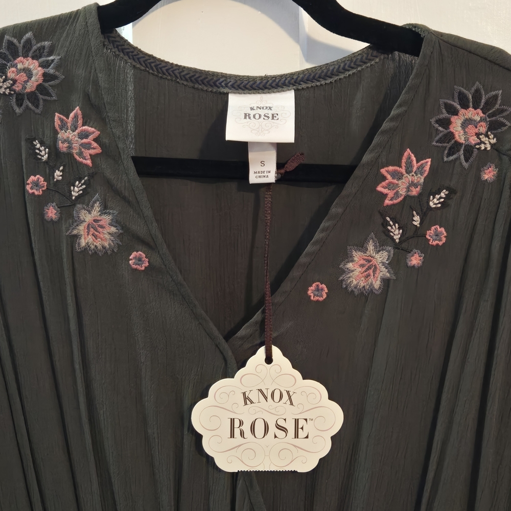 Knox Rose Olive Dress with Pink Floral Embroidery - Picture 3 of 9